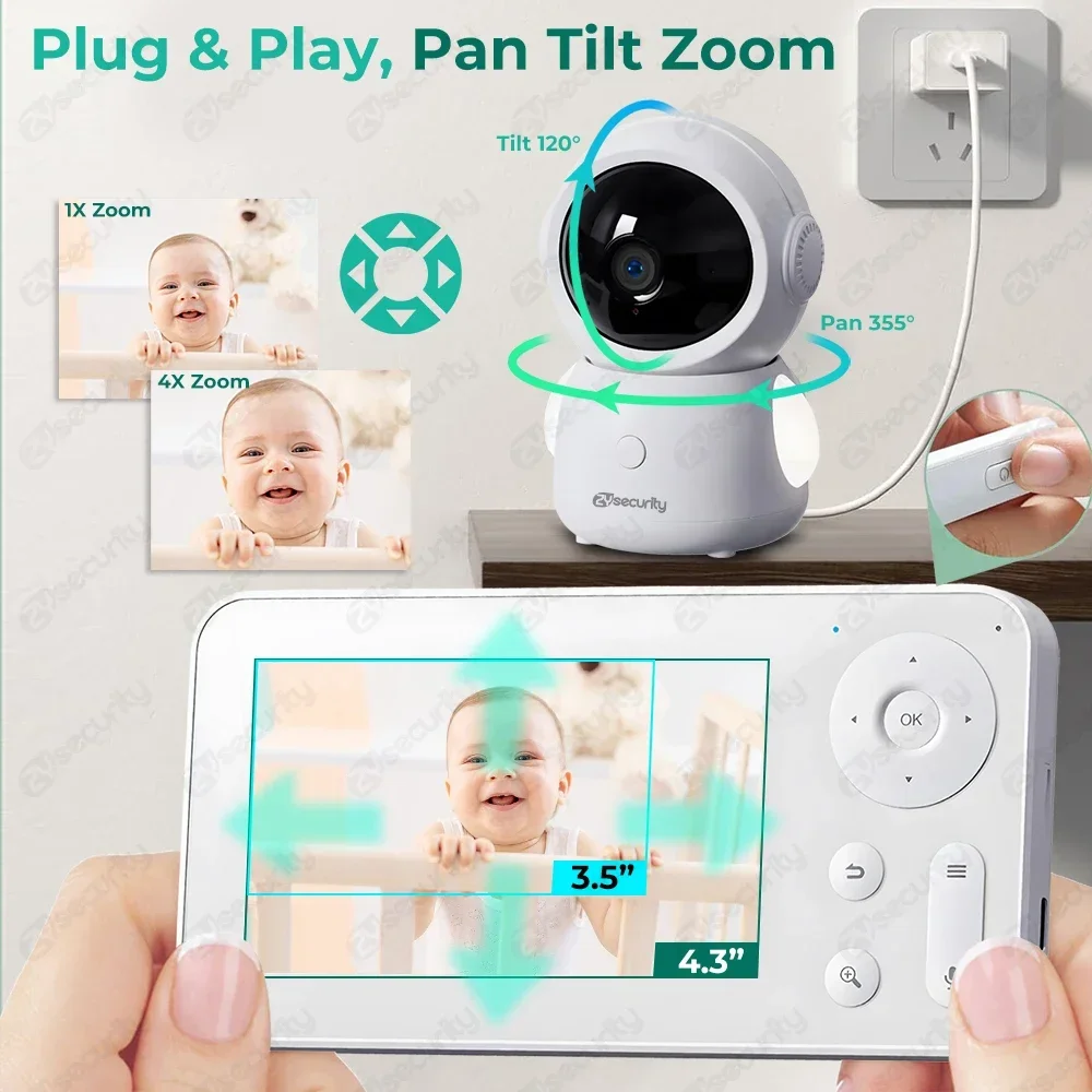 4.3" Split-Screen Baby Monitor with 2 Cameras 2K 3MP Wifi Baby Phone via Smart Phone APP PTZ Baby Camera Video Record & Playback