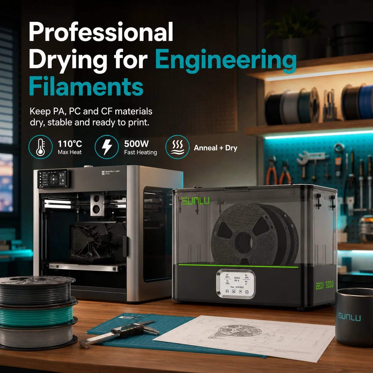 E2 / Filament Dryer Box / 110°C / 500W / Dual Spool / 3D Printer / Drying / Annealing / PA / PC / PETG / ABS / TPU