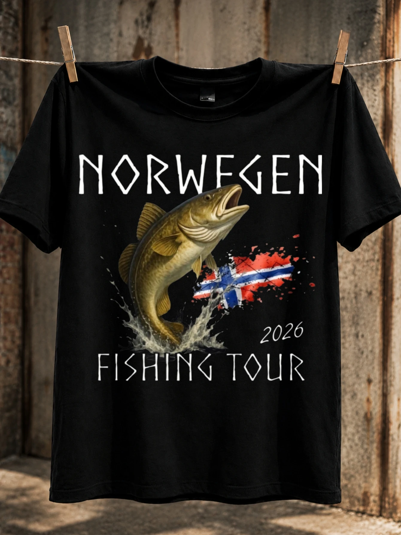 Norwegen Fishing Tour 2026 jumping fish with Norwegian Fl-ag paint splash rugged Nordic angling  Unisex All T-Shirt
