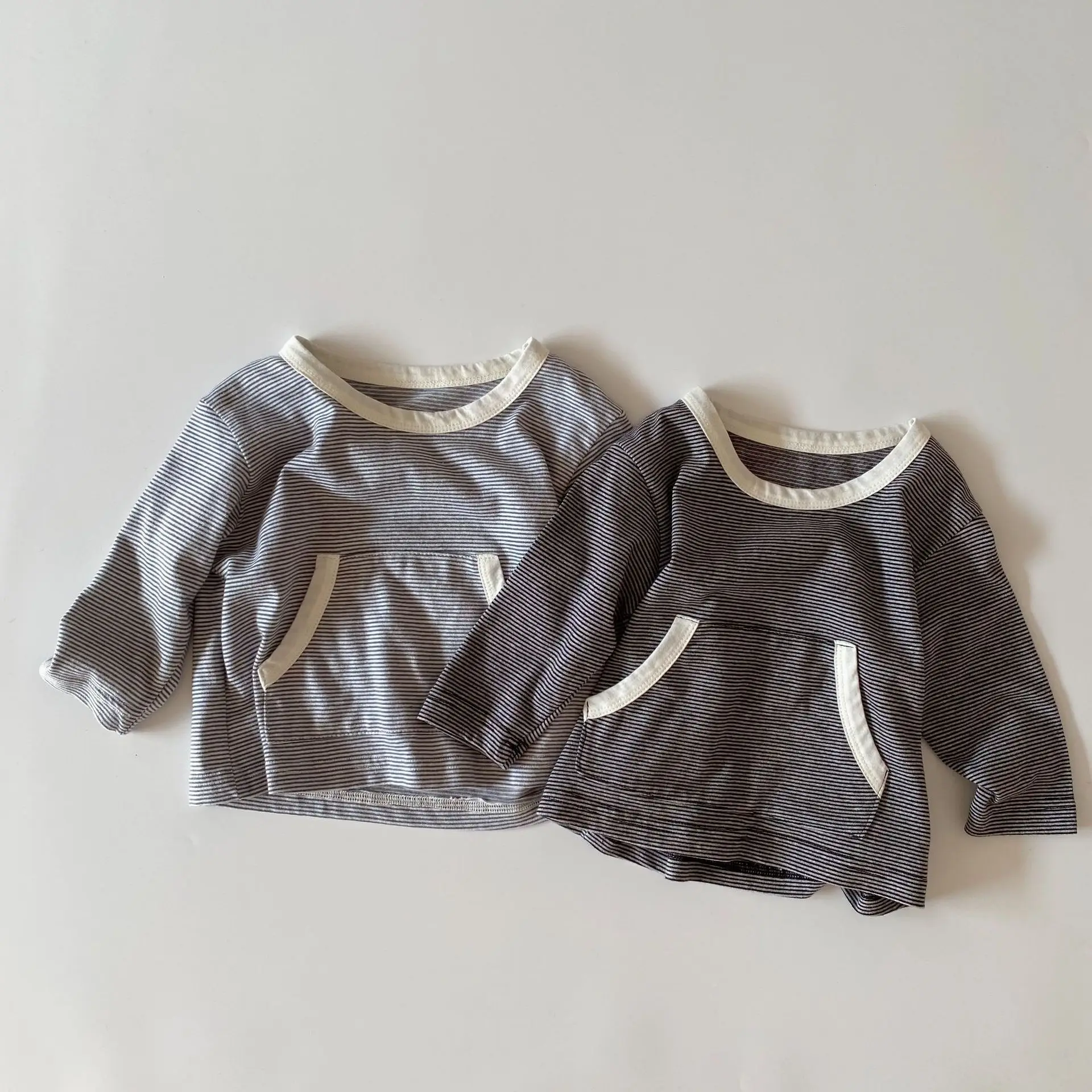 Children Clothing Korean Version New Children Striped Pocket Sweater Men and Women Treasure Casual Long-sleeved Top