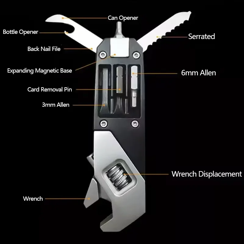 접이식 육각 멀티툴, 13 in 1 조절식 렌치 (드라이버 비트 및 나이프 포함), 스테인리스 스틸 EDC 도구 (야외, 가정 DIY용)