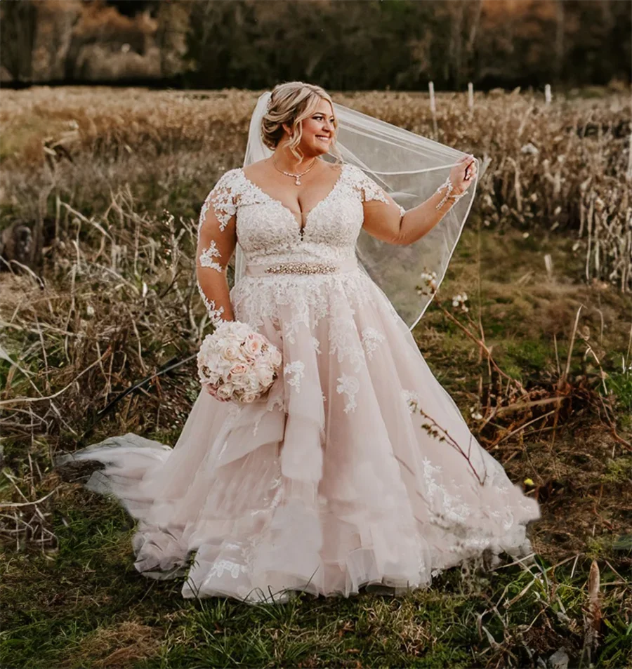 Gorgeous V-Neck Wedding Dresses Lace Up Back Long Sleeve Appliques Plus Size Bridal Gown with Belt Vestido De Novia