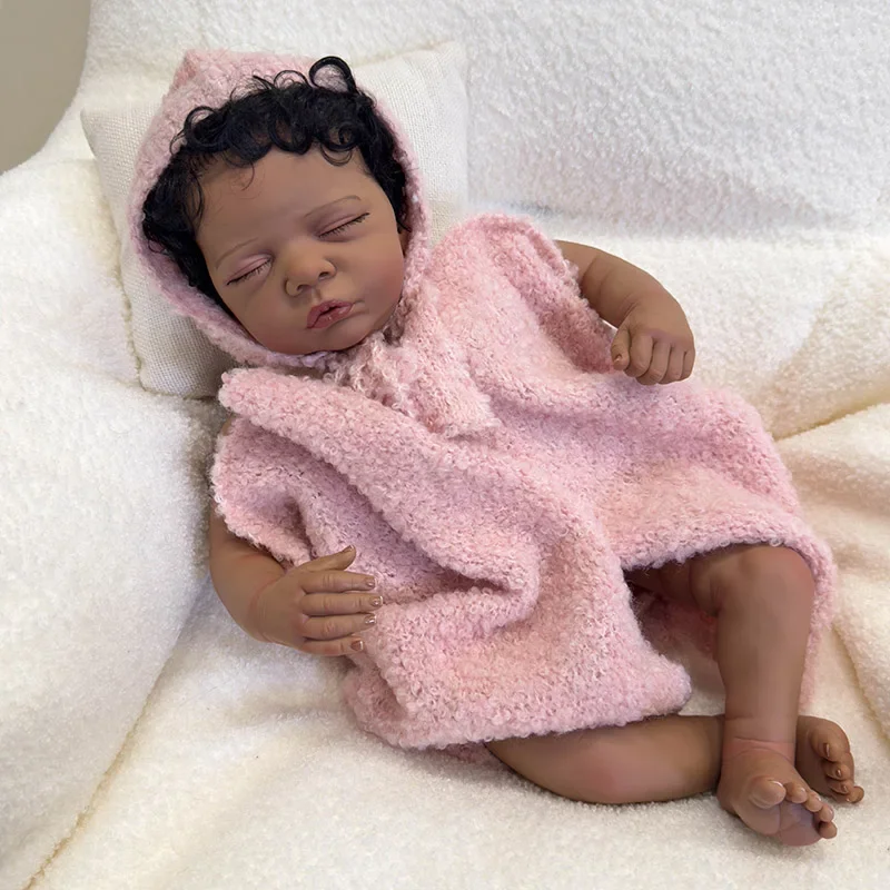 

48cm Reborn Baby Romy Sleeping Doll Lifelike Cuddly Baby Soft Touch with Hand Root Hair Dark Skin Multiple Layers Painting