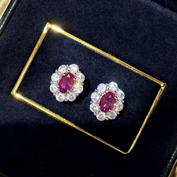 Huitan Oval Red Cubic Zirconia Stud Earrings Women Gorgeous Ear Accessories for Wedding Engagement Temperament Lady's Jewelry