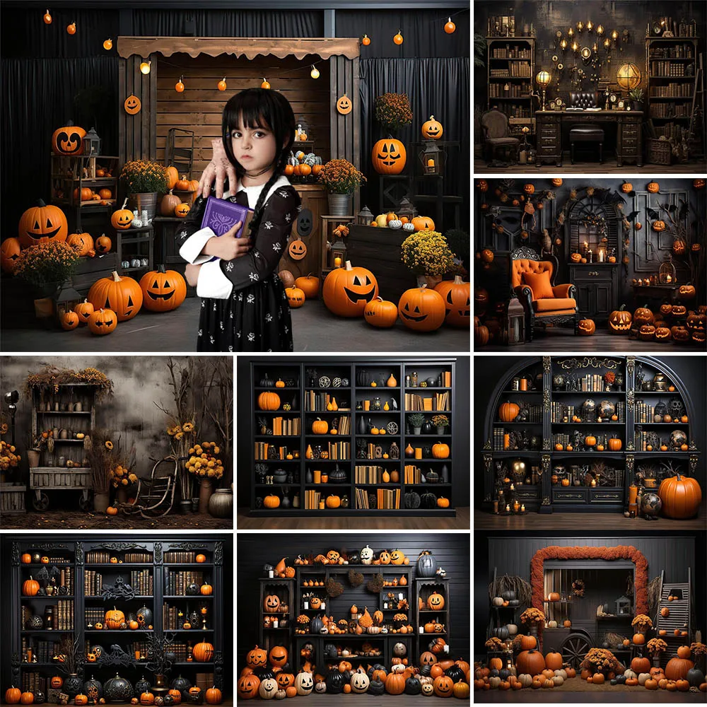 Halloween Photography Background Horror Book House Pumpkin Bat Holiday Decoration Children Photo Portrait Background Studio Prop