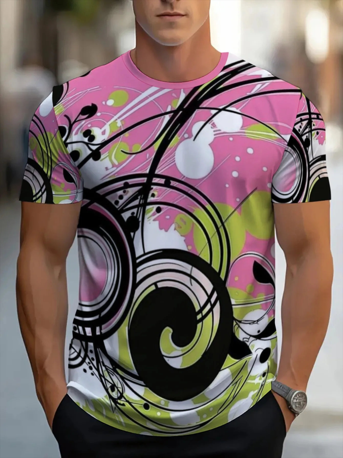Men Pink Green Swirl Graffiti Abstract 3D Print Crew Neck T Shirt Summer Short Sleeve Casual Street Tee