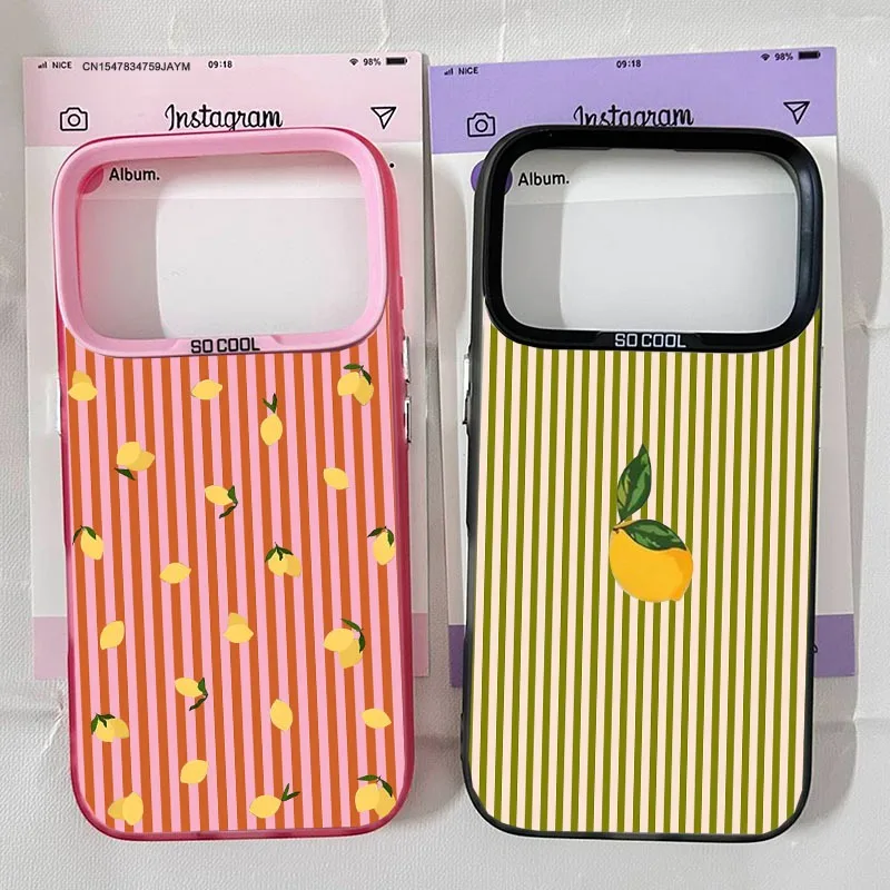 Capa de Telefone com Estampa de Limão Fresco e Fofo para iPhone 17 Pro, 16 Pro Max, 14 Plus, 15, 13, 11, 12 Mini, Padrão de Listras Rosa, Capa à Prova de Choque
