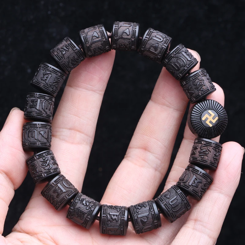 Natural Ebony Tibetan Six-Character Mantra Tibetan Buddhist Prayer Wheel Bracelet 12mmx12mm universal