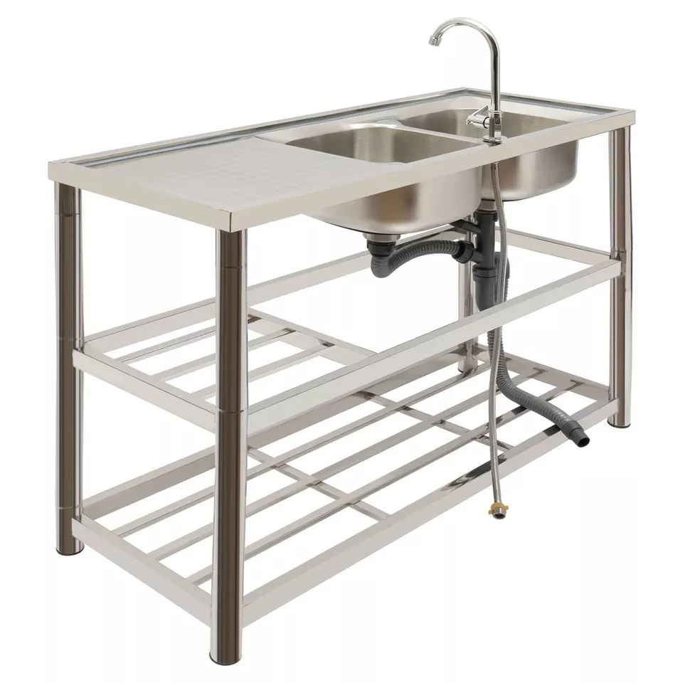 2 Compartment Commercial Kitchen Sink Prep Table with Faucet Set Stainless Steel