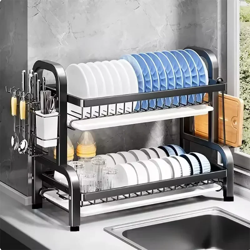 2024 New Dish Drying Rack 2-Tier Compact Kitchen Dish Rack Drainboard Set Large Rust-Proof Dish Drainer with Utensil Holder