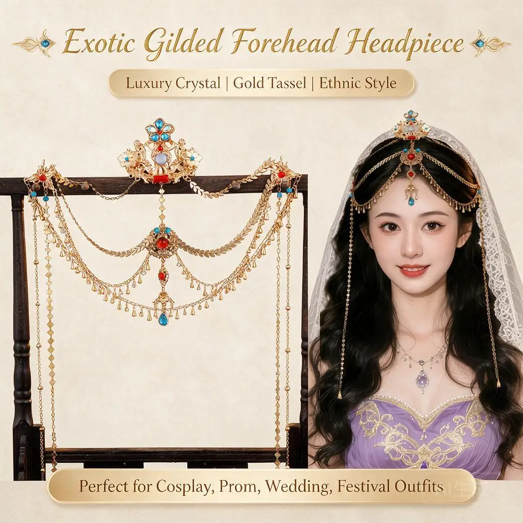 Bohemian Exotic Dunhuang Style Tassel Gem Forehead Head Chain For Women Belly Dance Cosplay Performance Photo Shoot Hair Jewelry