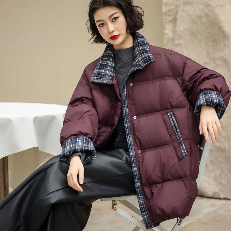 Winter European Down Jacket for Women's Commuting Grid Splicing Stand Collar Women's Down Jacket
