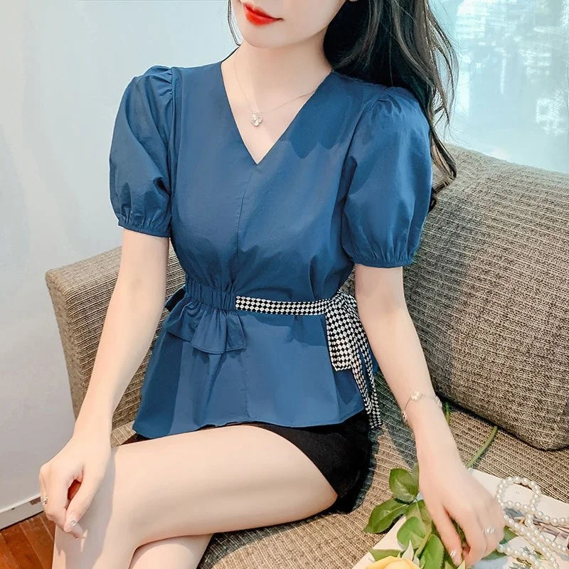 Woman Spring Autumn Style Blouses Shirts Lady Casual Short Sleeve V-Neck Solid Color Blusas Tops G2673