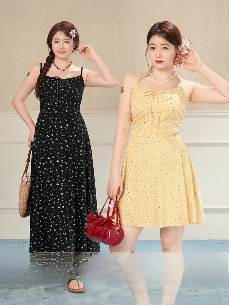 

Heynew plus Size Floral Print Dress Yellow Spring Summer Slimming Holiday Series Women's Clothing Commute Style Cotton Blend