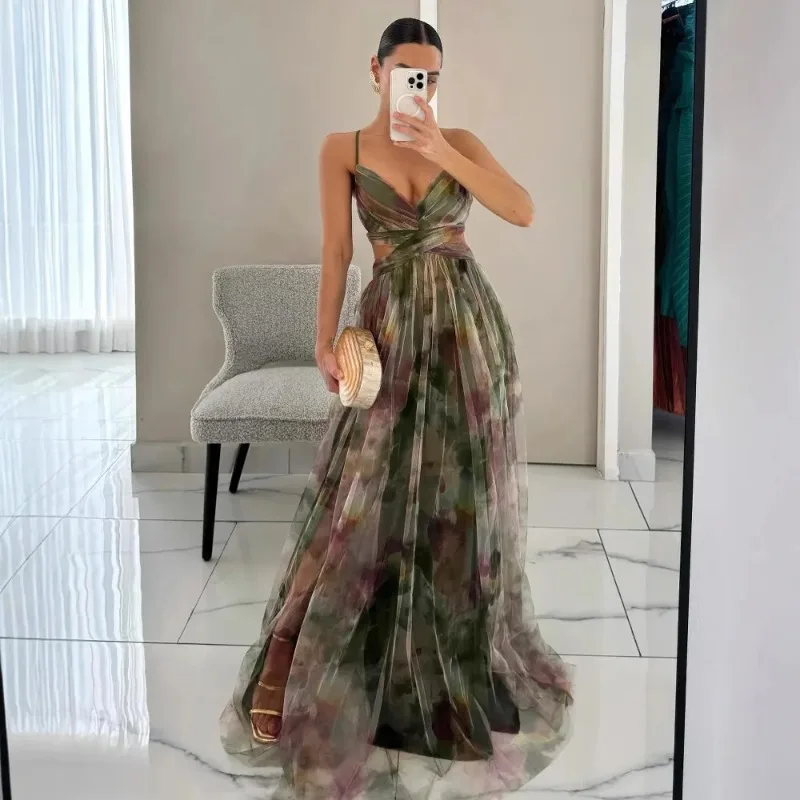 Sexy Hollow Out Party Dress, Women Summer Loungewear Fashion Printing Maxi Dress, Sleeveless Lace-Up Ladies Dress Vestido
