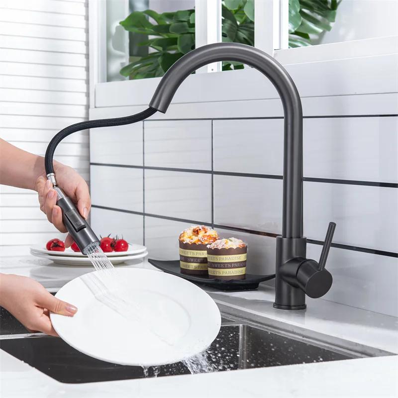 Grey Sensor Touch Kitchen Faucets Quality Stainless Steel Gray Pull Out Kitchen Mixer Tap Smart Hot Cold Touch Kitchen Sink Tap