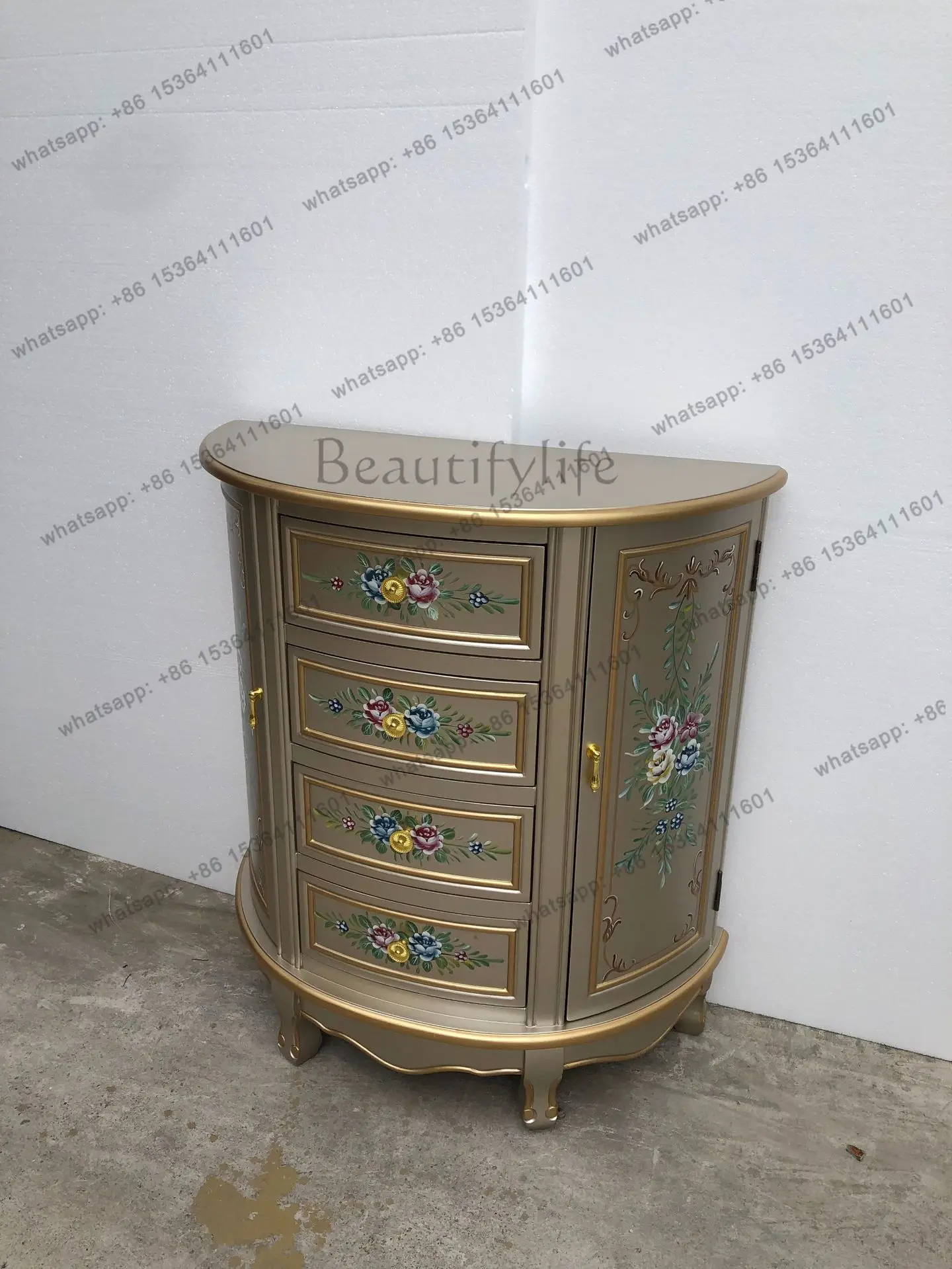 Champagne gold bucket cabinet, rose painted entrance semicircular entrance decorative cabinet