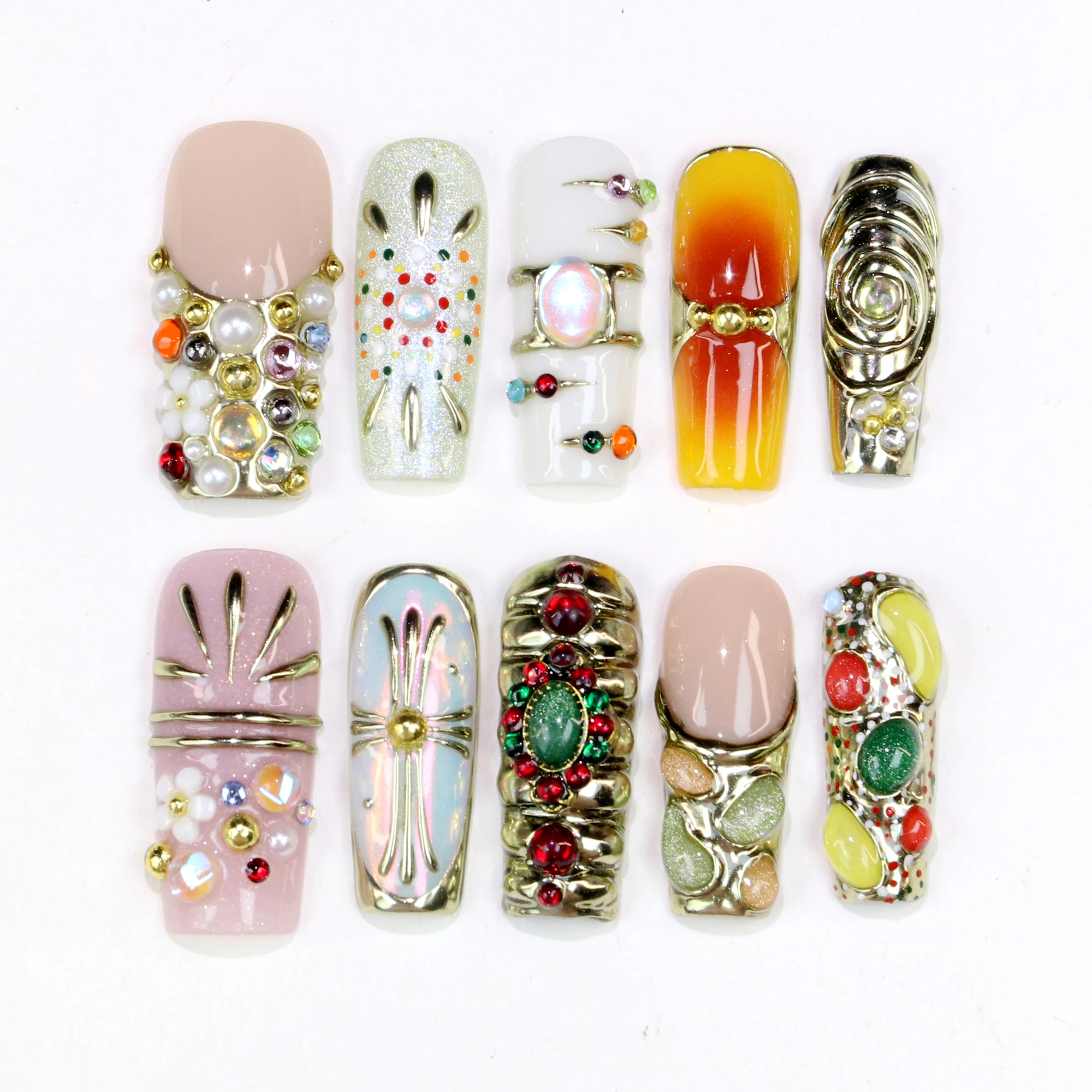 10Pcs 3D beautiful handmade Manicure Press On Nails,Acrylic Fake Handpainted Long Coffin Flowers Reusable Luxury Nail Art