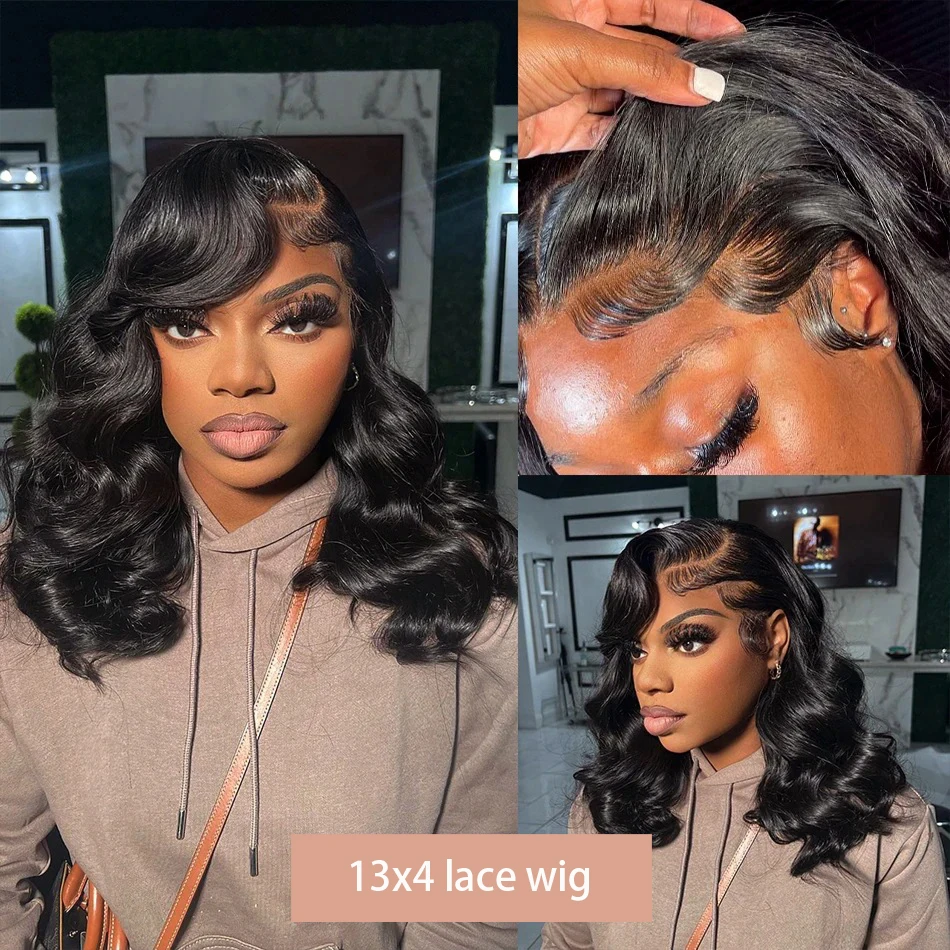 13x4 Short Body Wave Lace Frontal Bob Wig 200% Density Brazilian 100% Human Hair 4x4 Transparent Lace Wigs For Women 12 14 Inch