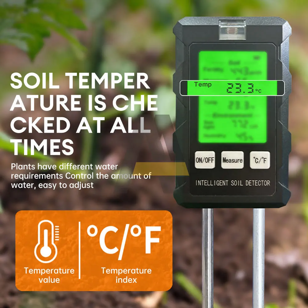 Probador de suelo 6 en 1, PH, temperatura, humedad, fertilidad, luz solar, alta precisión, jardinería doméstica, herramienta de plantación de bonsái