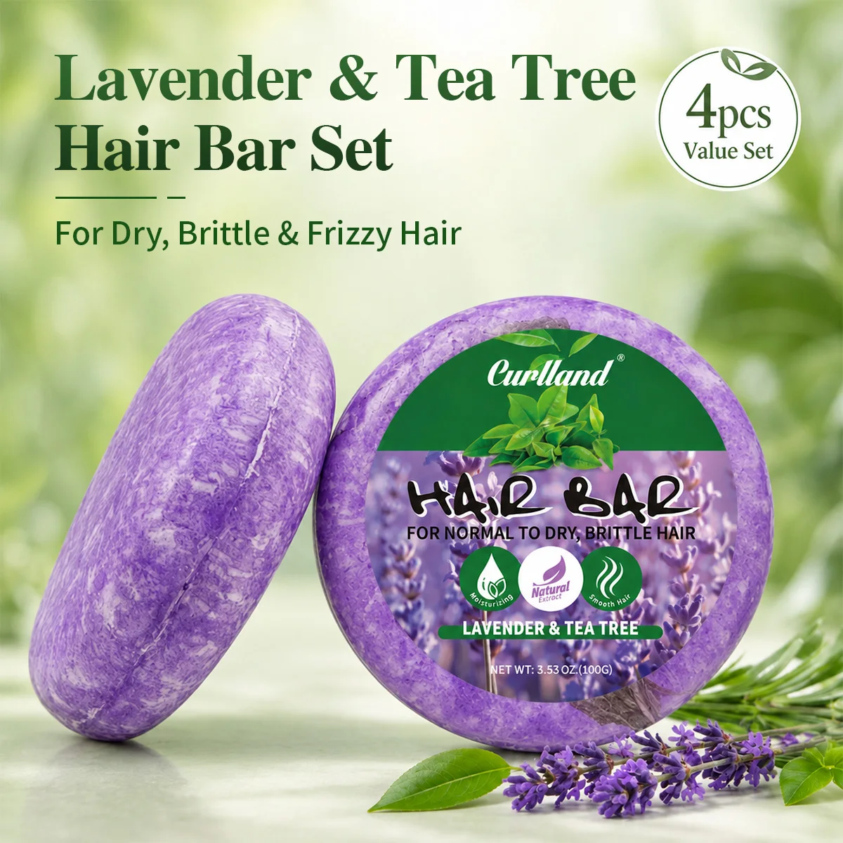 Curlland Hair Bar Set, Lavender Tea Scent Solid Shampoo for Dry Brittle Hair, Natural Plant Bar with Wood Rack and Foaming Net