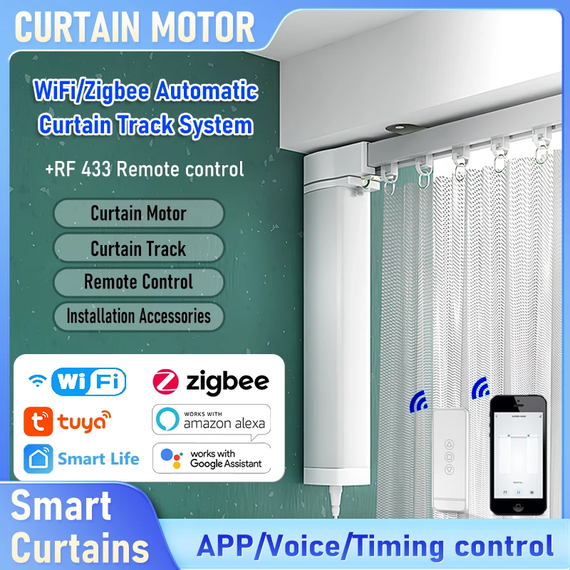 

Tuya Smart Curtain Motor Kit WiFi/Zigbee Automatic Curtain Track System APP Remote & Voice &RF433 Control,Work With Alexa/Google