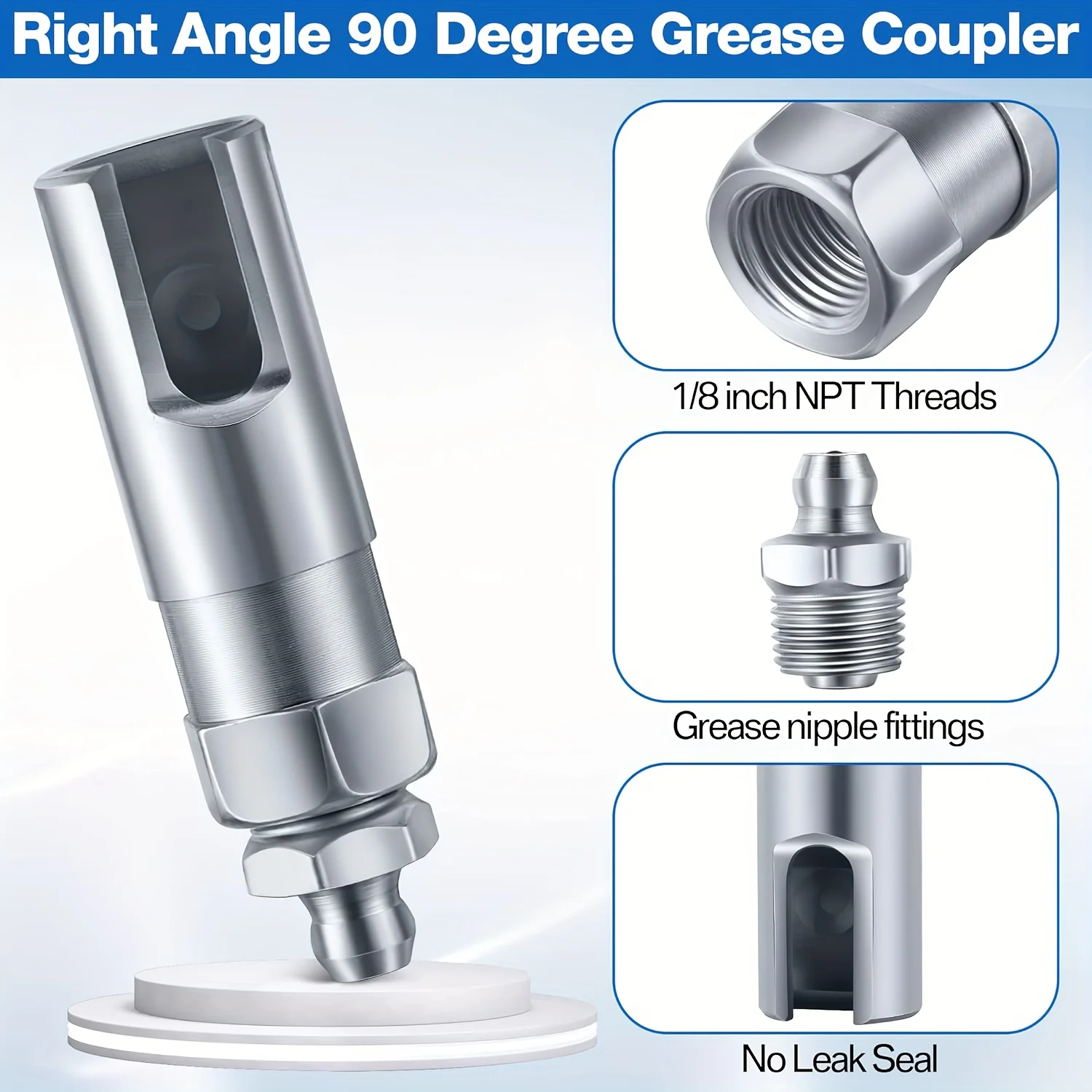 Grease Gun Coupler with 1/8 NPT Threads, Push on Slotted Right Angle 90 Degree Grease Coupler Fits Standard 1/8 NPT Grease Hoses