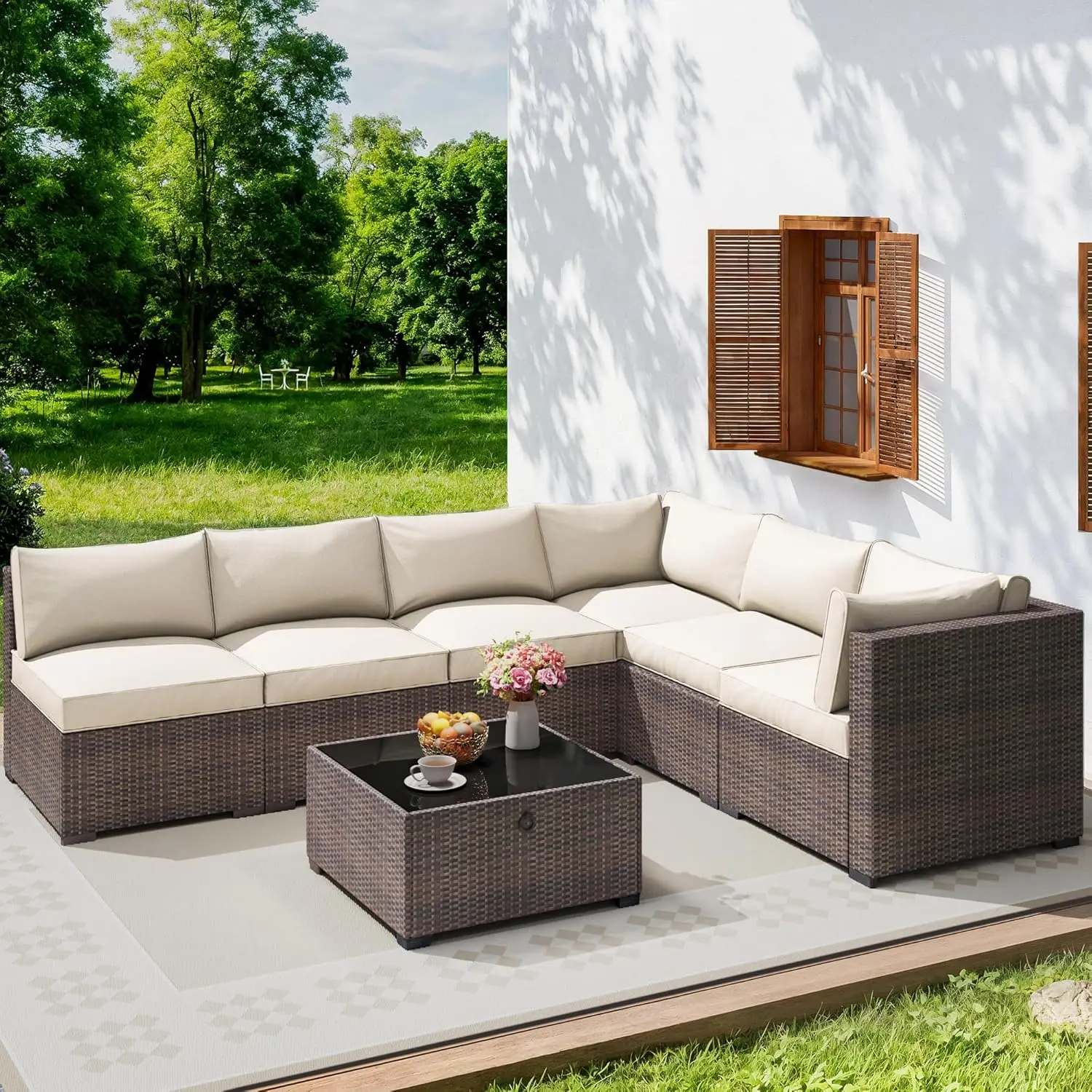 7 Piece Outdoor Patio Furniture Set, Outdoor Sectional Furniture, Rattan & Wicker Modern Modular Conversation Set Sectional Sofa