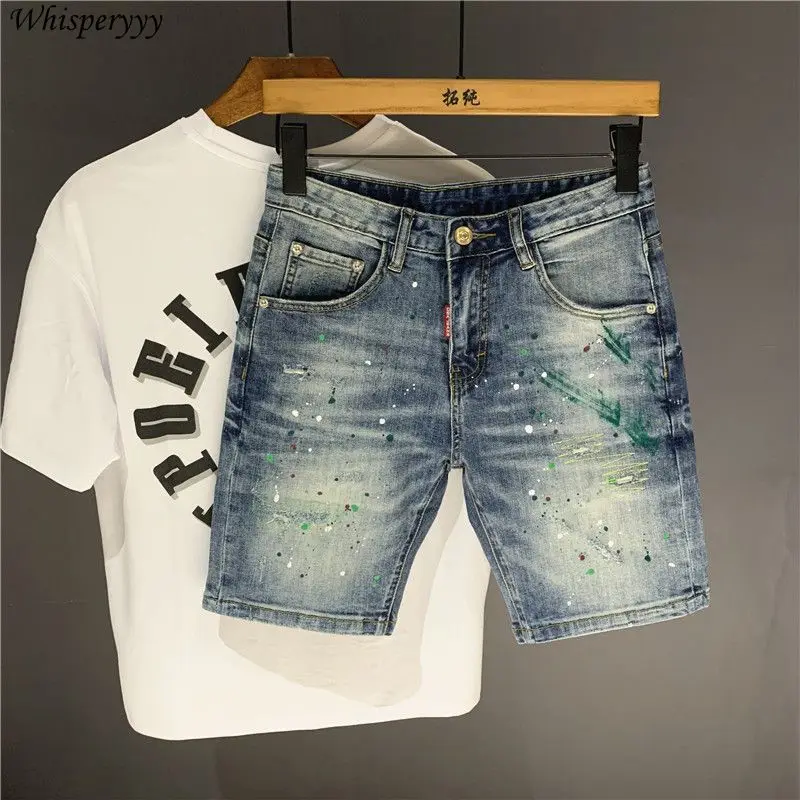 

Denim Five-inch Pants for Men Korean Style Slimming Holes Casual Jeans Shorts Male Summer Streetwear Printed Medium Pants
