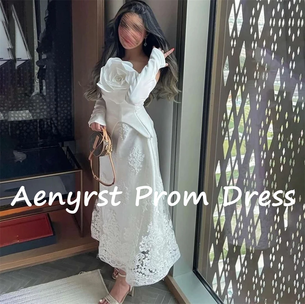 Aenyrst 3D Flowers Lace Strapless Dubai Prom Dresses A Line Long Sleeves Evening Gowns customized Appliques Birthday Party Dress