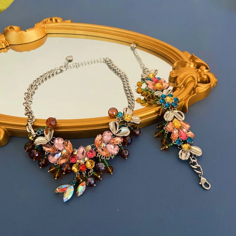 Vintage Fashion Flower Crystal Gemstone Colorful Palace Style Necklace Bracelet Jewelry Set For Women