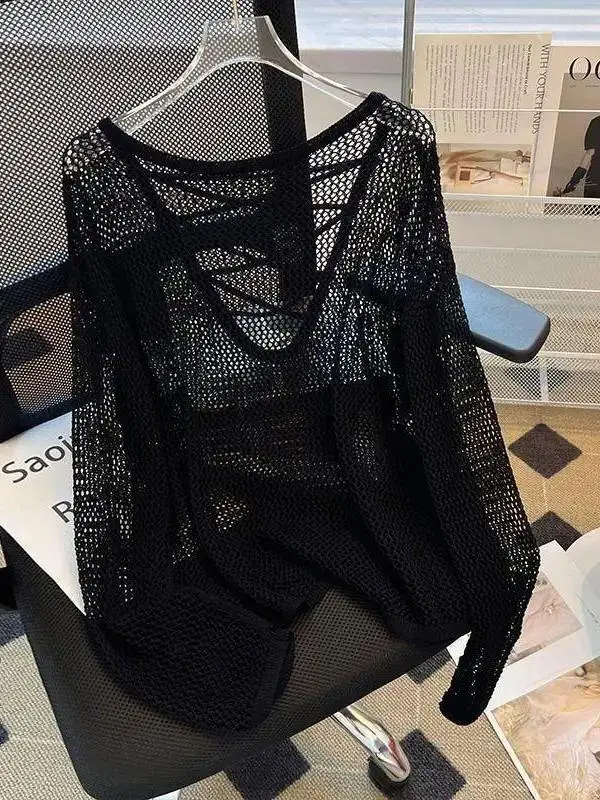 Striped Knitwear Women's Thin Spring Summer New Net Shirt Long Sleeve Loose Lazy Style Cover up Sexy Hollow out Top
