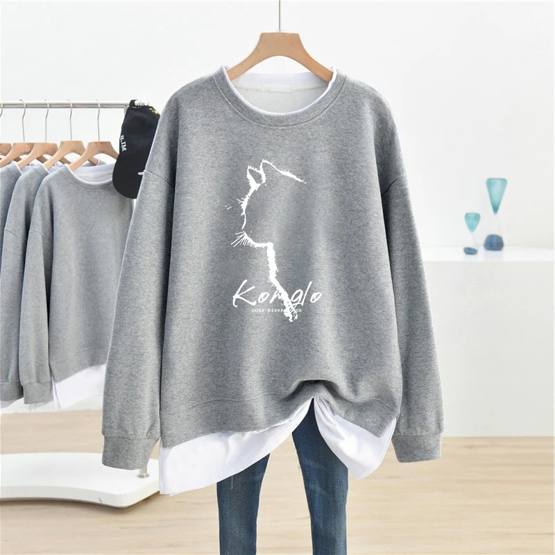 DAYIFUN-Übergroße Hoodies Frauen O-Ausschnitt Sweatshirts Cartoon Print Tops Plus Größe gefälschtes zweiteiliges Design Frühling Herbst neue 2024 Top