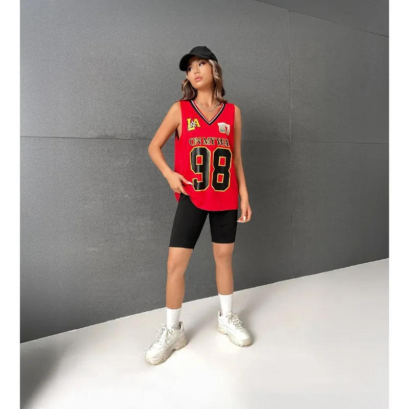 

Women's New V-neck Sports Breathable Loose Slightly Elastic Comfortable Digital 98 Printing Outdoor Basketball Loose Vest Top
