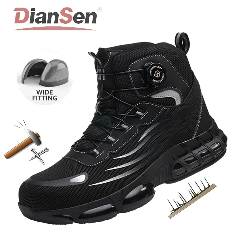 

Mens Work Shoes Steel Toe Protective Boots Anti-Puncture Anti-smash High Top Safety Shoes Mens Industrial Shoes Rotary Button