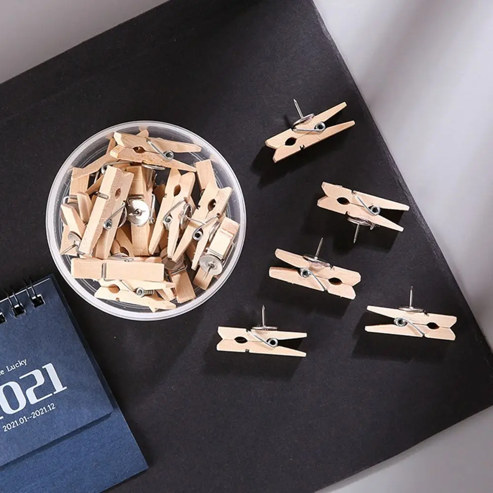 20Pcs/Box Creative Wooden Clip Push Pins Reusable Durable Thumb Tacks Convenient DIY Pushpins with Clips Stationery