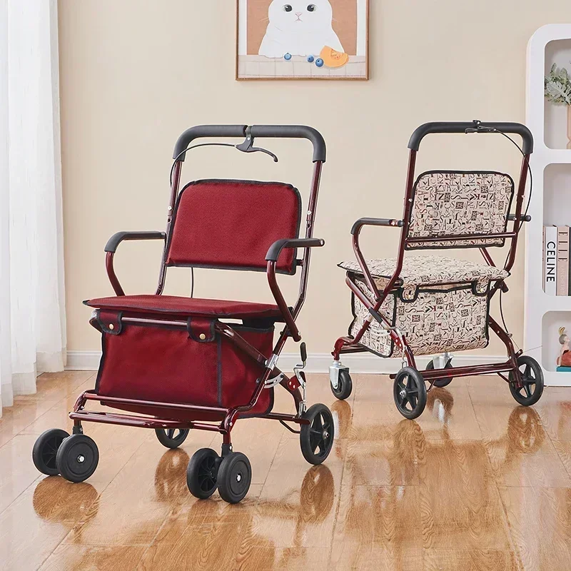 Lightweight elderly shopping cart can be pushed on four wheels to buy food The elderly trolley is safely widened and enlarged