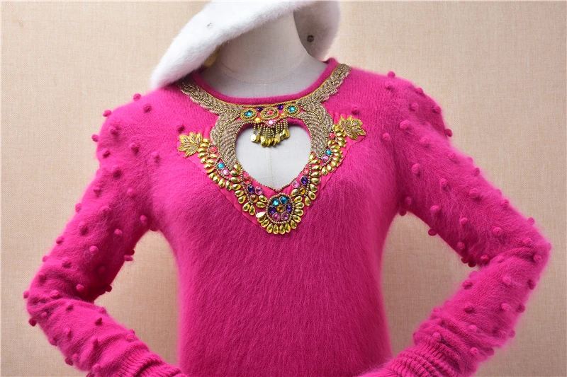 Women Mujer Vintage Beading Crochet Angora Rabbit Hair Knitted O-Neck Long Sleeves Slim Blouses Pullover Sweater Jumper Pull Top - view 2