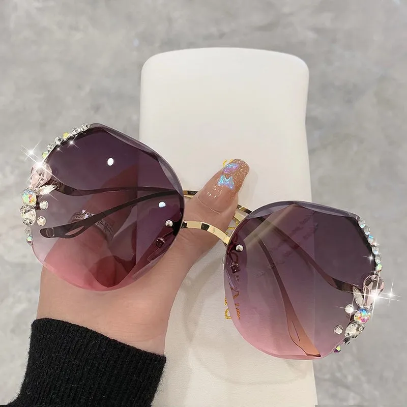 2023 Luxury Brand Design Vintage Rimless Rhinestone Sunglasses Women Men Fashion Gradient Lens Sun Glasses Shades for Female