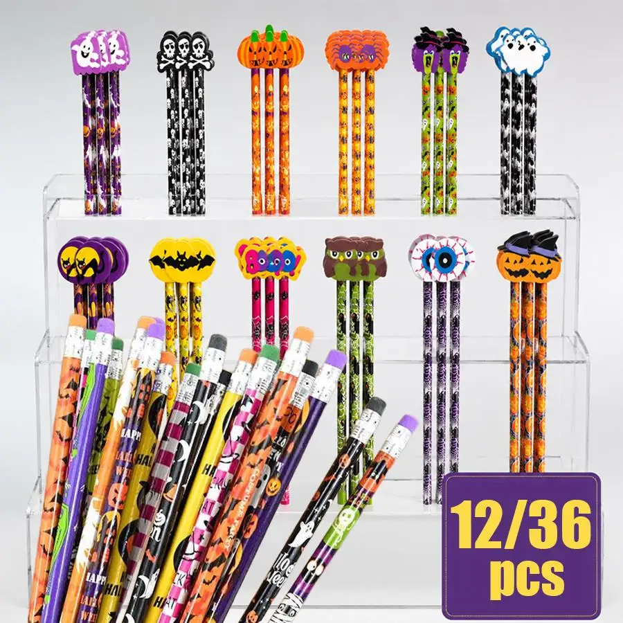 6/12pcs Halloween Themed HB Pencils, Creative Pattern Wood Pencil, Writing Stationery for Students, Halloween Party Favors XJM