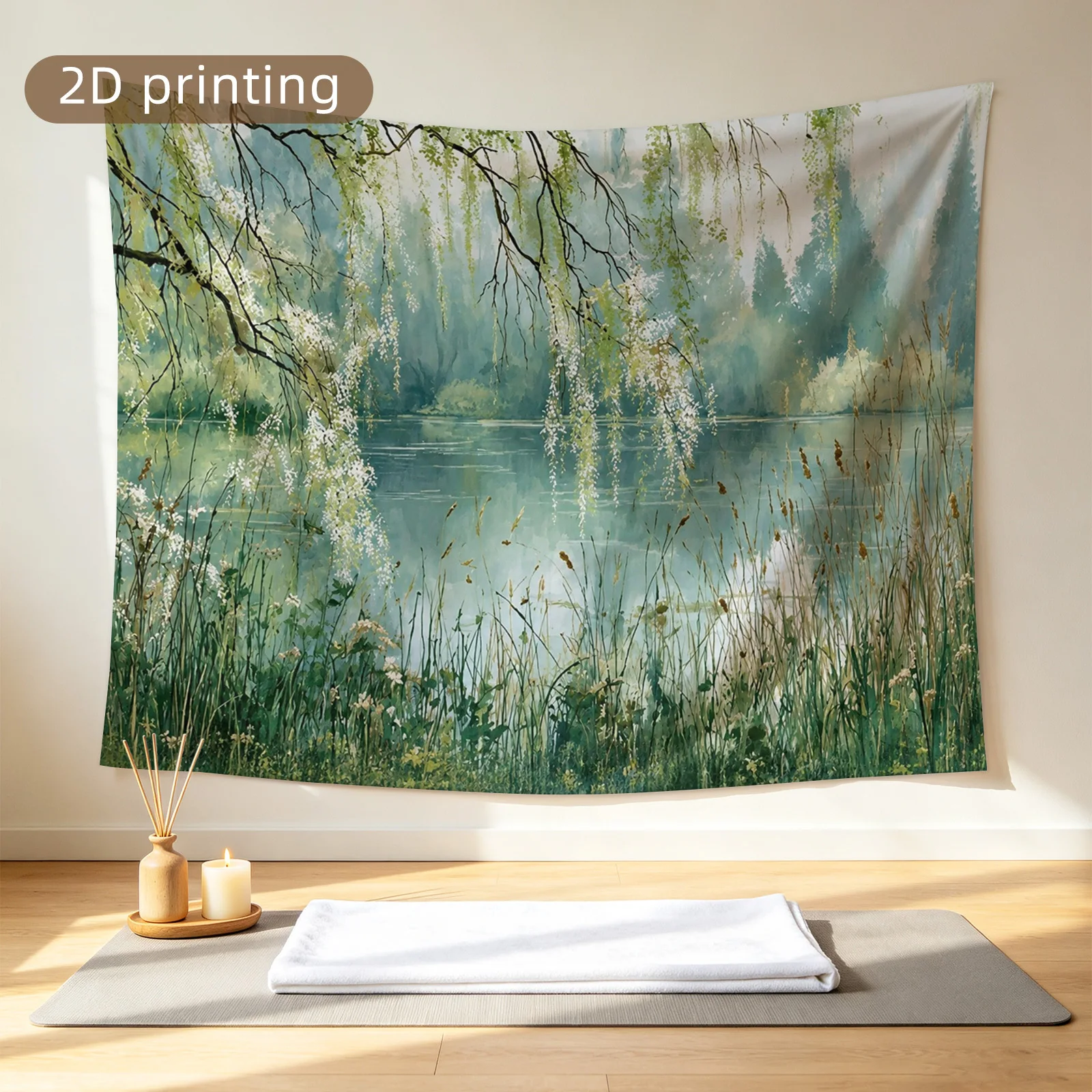 Large Polyester Tapestry Wall Hanging Bohemian Willow Creek Landscape Artwork Serene Forest Nature Decor for Home Bedroom Nurser