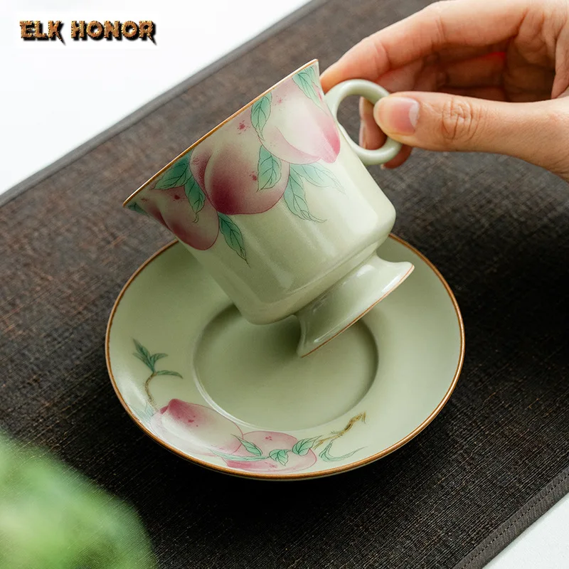 160ml Chinese Ru Kiln Porcelain Teacup Painted Longevity Peach Coffee Mug High Foot Dish Cup Saucer Set Water Jug Drinking Gifts