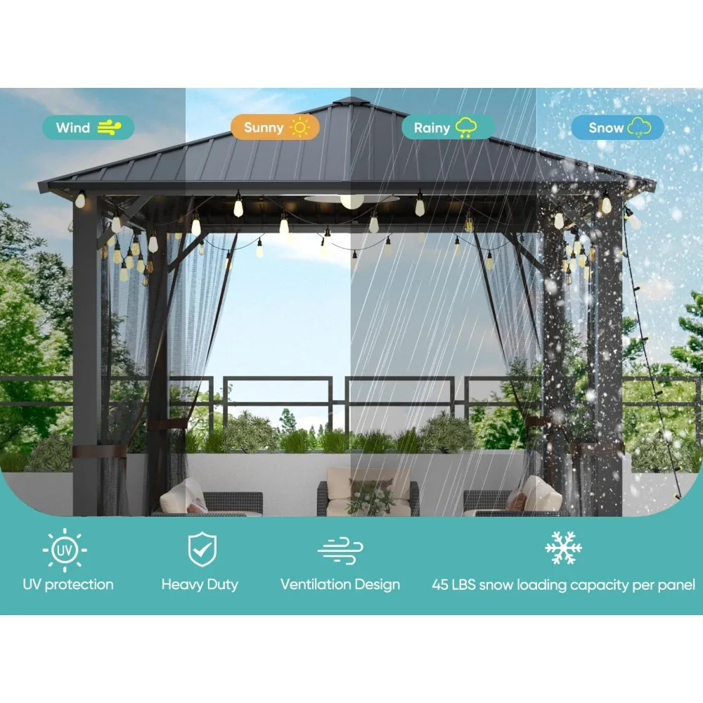 Gazebo con tapa dura de 10x10, pérgola de acero galvanizado resistente con mosquiteras, tienda de campaña resistente para exteriores, cenador de metal