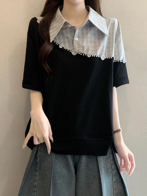 

Summer New plus Size Women's Shirt Striped Patchwork Short Sleeve Regular Shoulder Commute Style Korean Loose Fit Upperwear