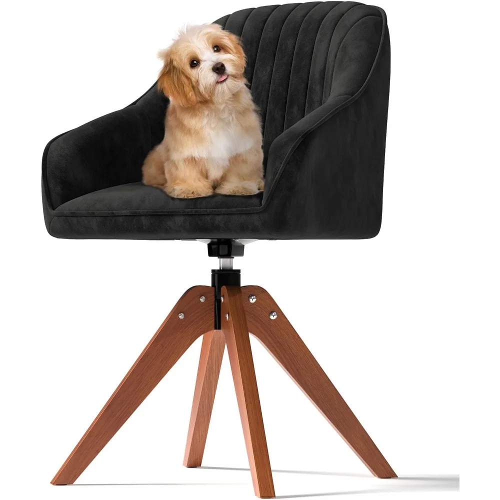 

Modern Swivel Accent Chair with Arms, Upholstered Desk Chair No Wheels, Mid-Century Fabric Armchair with Oak Wood Legs for Home