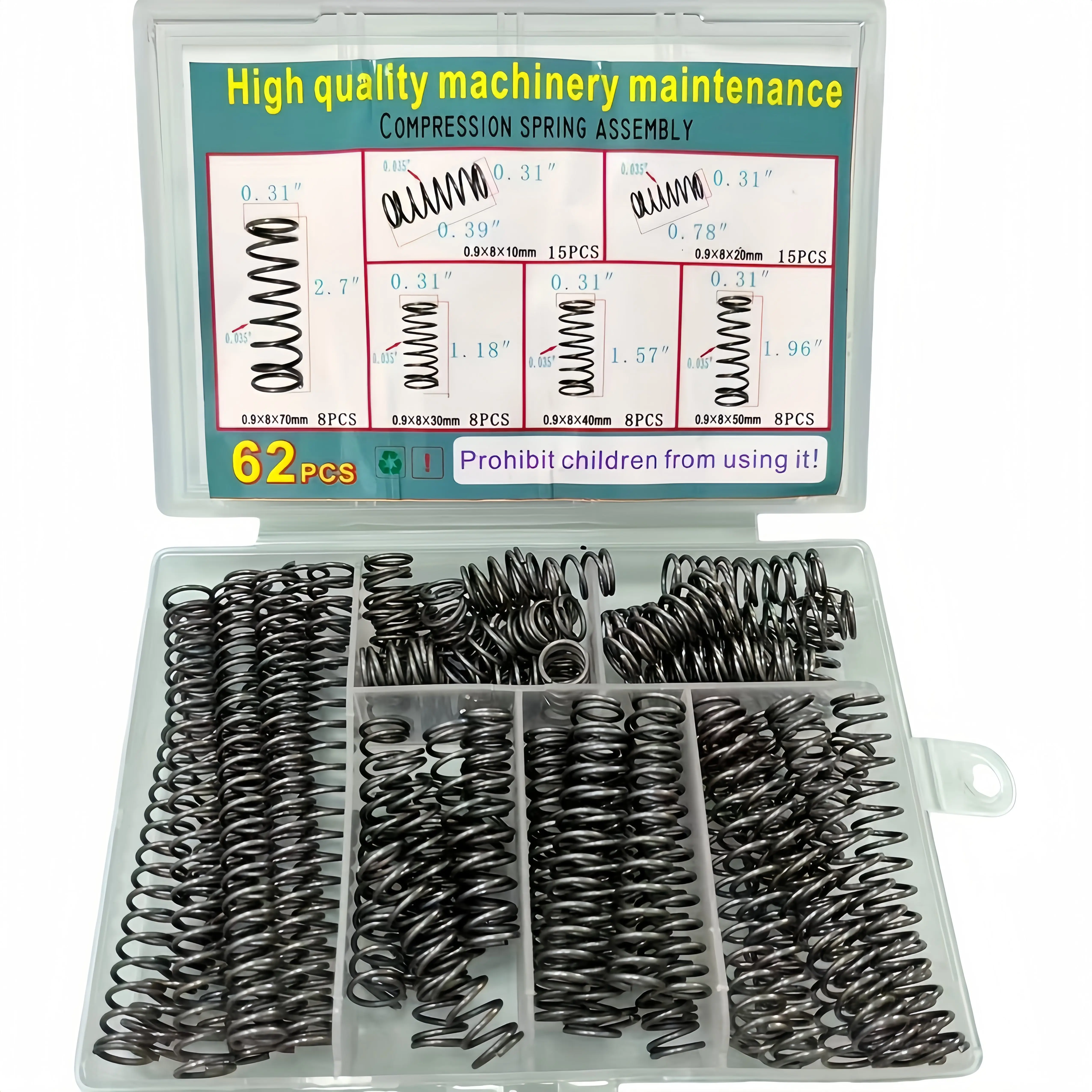 Black Compression Springs (0.9mm Wire, 8mm Outer Dia., 10/20/30/40/50/70mm Length), 62-Piece Set, Industrial-Grade, for Pen Repa