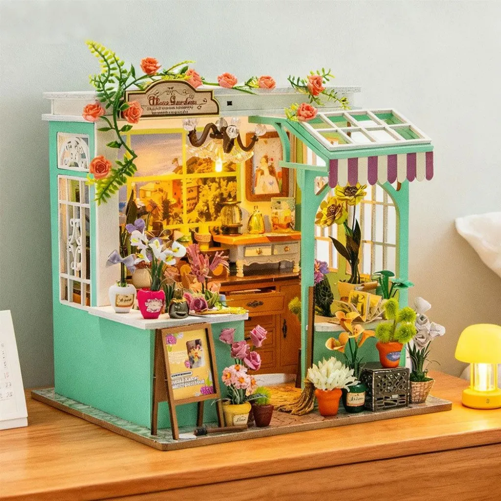 OUZEY Idyllic Garden Villa Puzzle 3D, Kwitnący Miniaturowy Domek, Model DIY, Spokojny Domek dla Lalek, Prezent Dekoracyjny