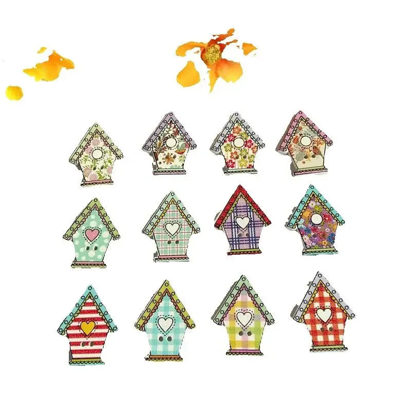 50pcs Small House Shaped Buttons 2-Hole Decorative Sewing Accessories for Scrapbooking Clothes Crafts