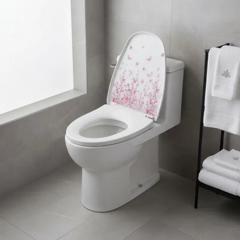Self-adhesive Detachable Pink Flower Butterfly Toilet Seat Sticker Aesthetic DIY Decor for Rental Bathroom Makeover