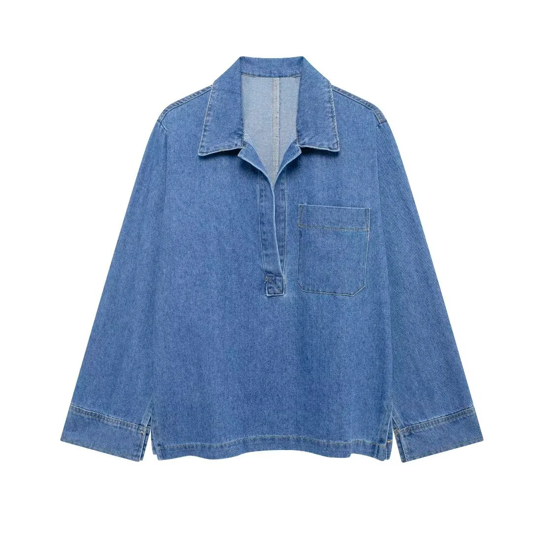 Tangada 2024 Women Blue Denim Oversized Shirt Long Sleeve Female Loose Blouse Tops 3h0626